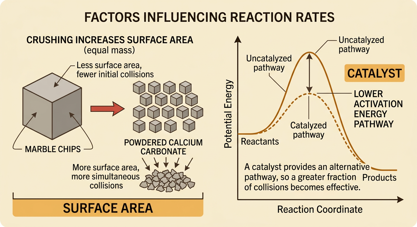 A combined reaction diagram compares powdered calcium carbonate with marble chips and shows a catalyst pathway over a lower energy barrier.