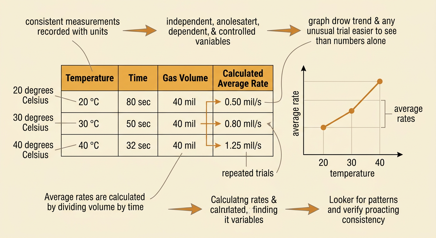 A table and graph show hydrogen production times and calculated average rates at three temperatures.