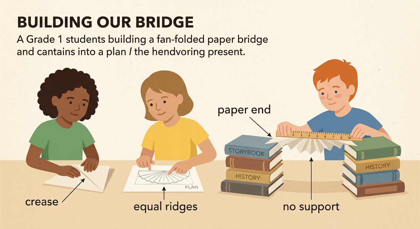 A child follows a drawing to make equal paper ridges and places the bridge across two stacks with no support under the middle.