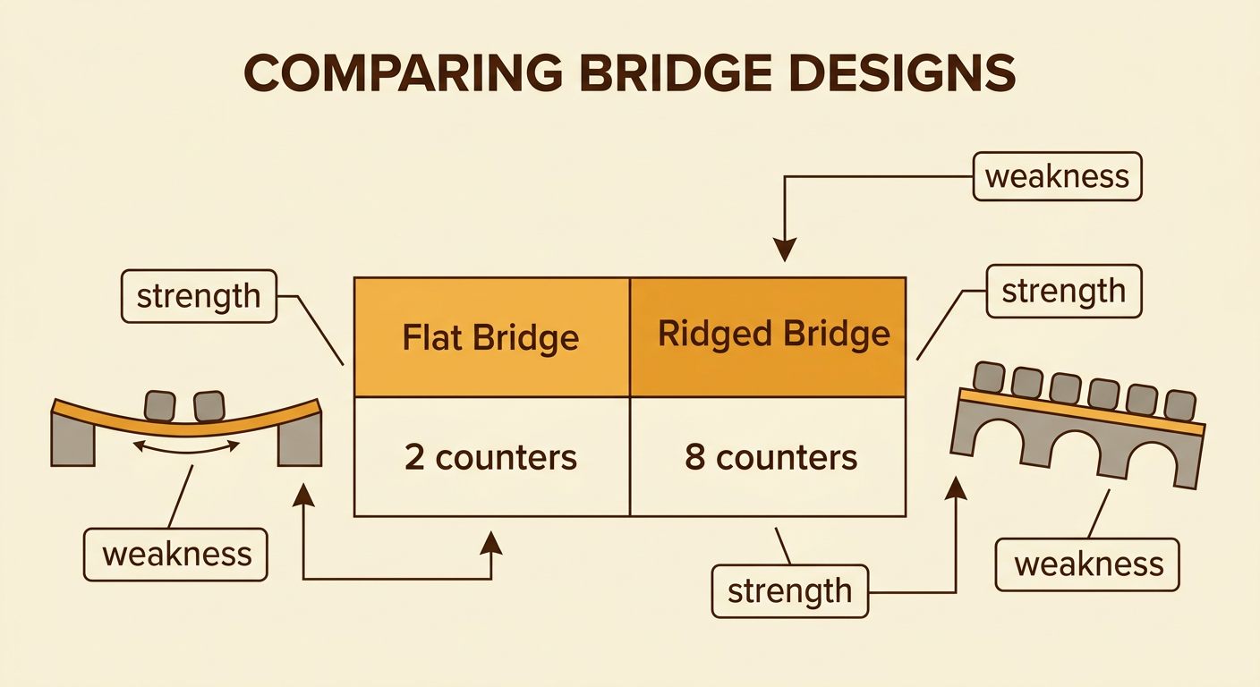 A chart compares a flat bridge holding 2 counters with a tilted ridged bridge holding 8 counters and names each design’s strength and weakness.