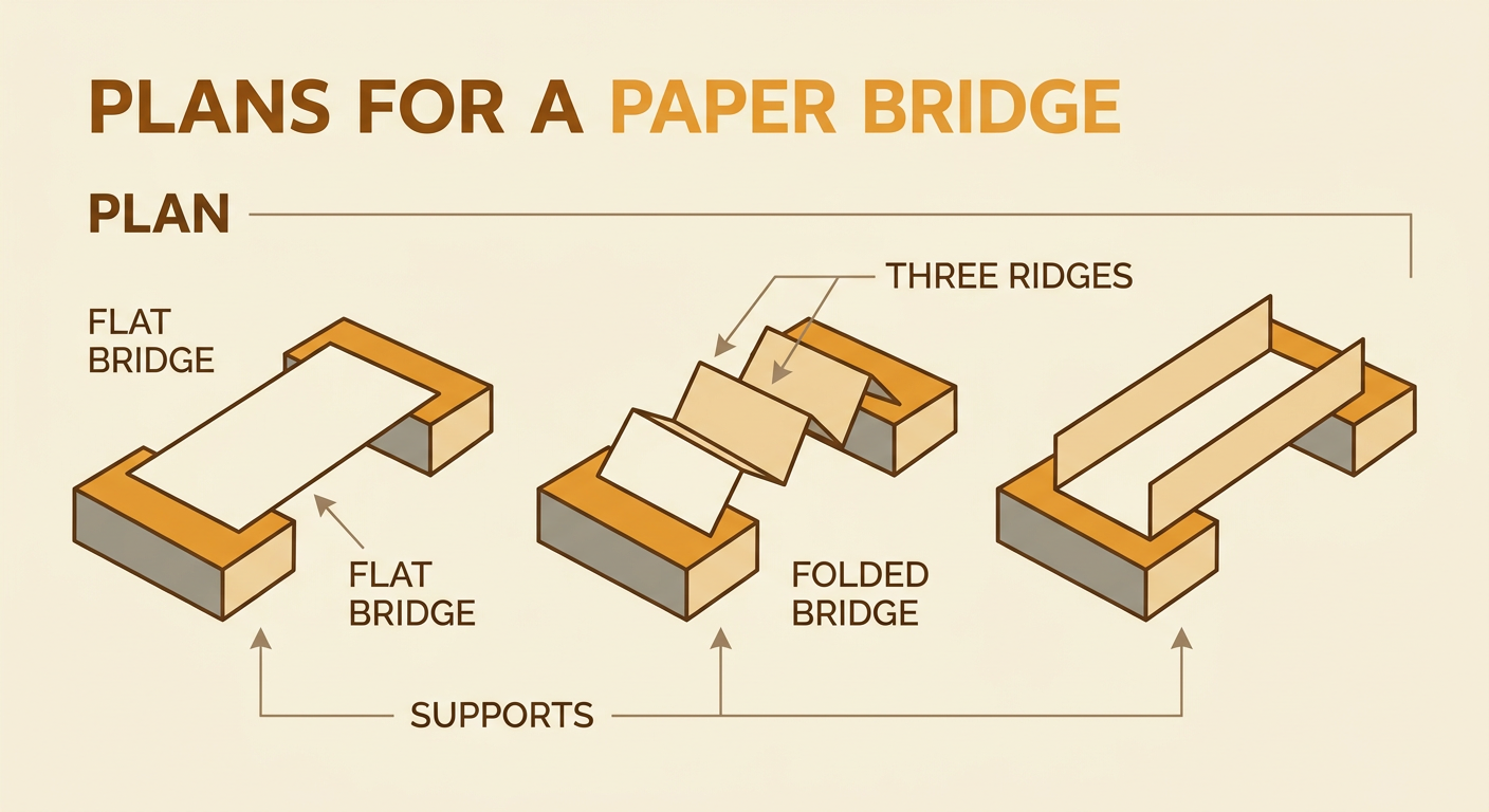 A planning page shows a flat bridge beside a folded bridge with three raised ridges resting on books.