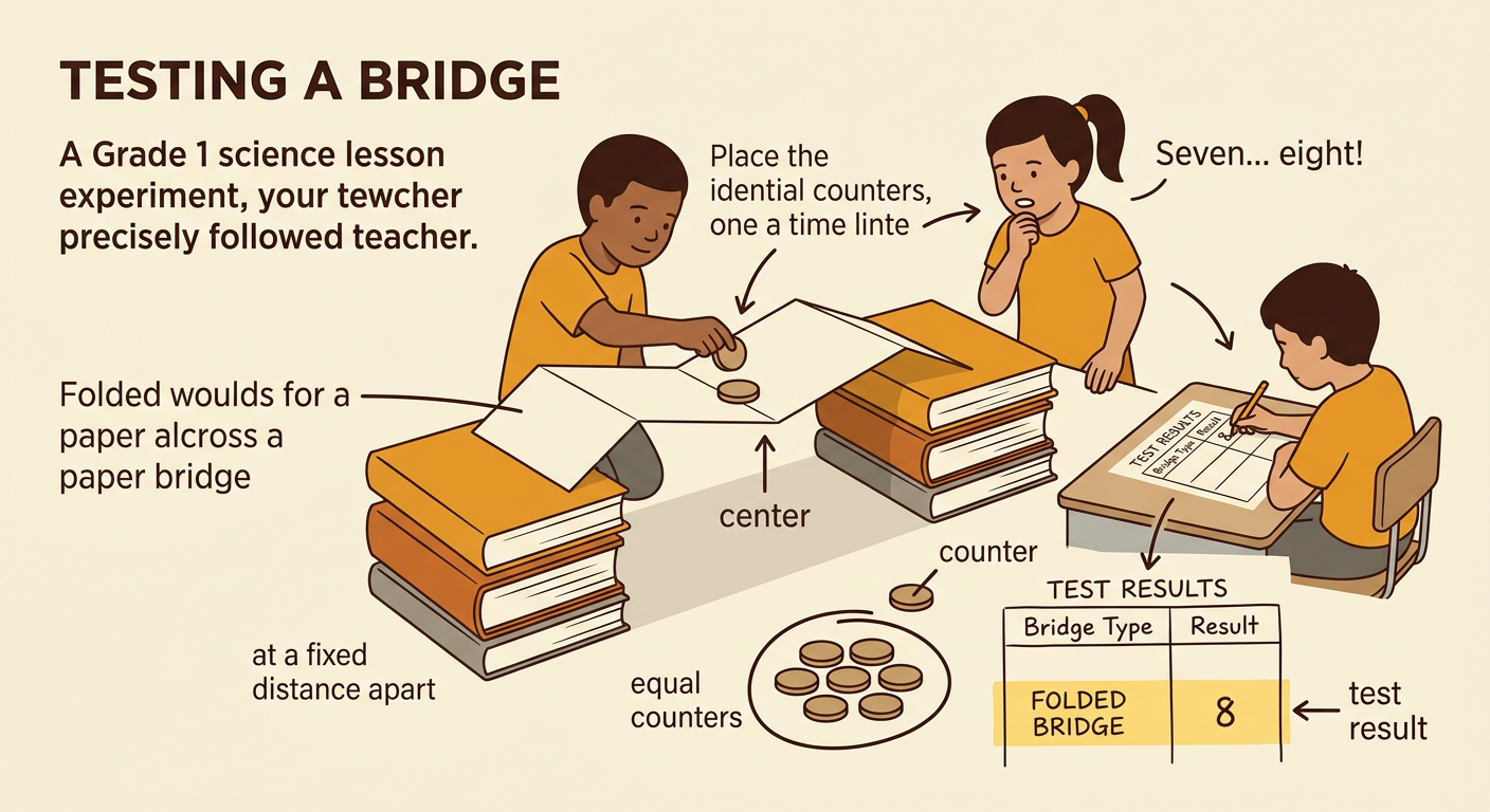 Equal counters are added one at a time to the center of a paper bridge while a child records the test result.