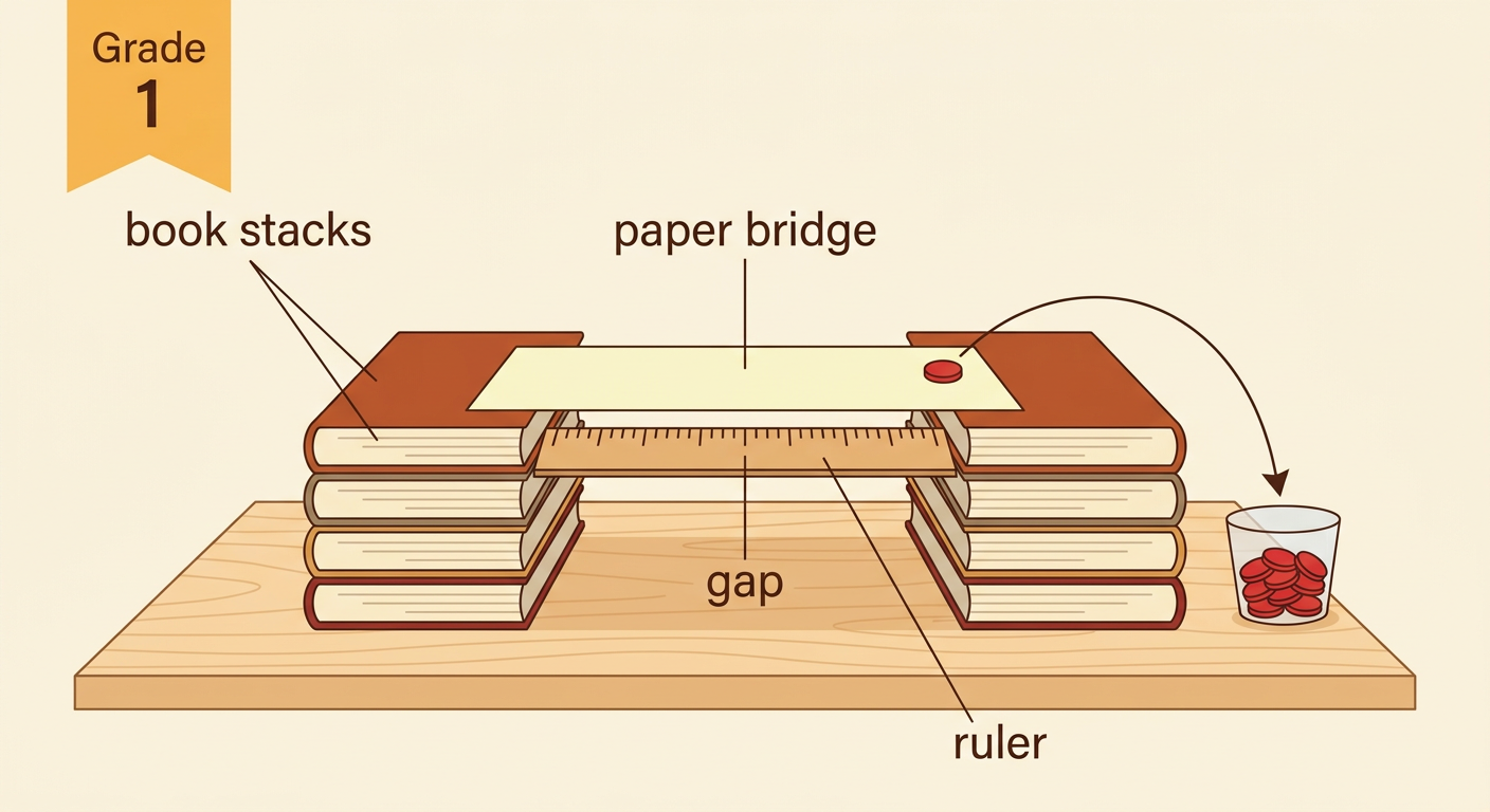 Two equal book stacks stand 6 inches apart with a ruler checking the gap and one sheet forming a paper bridge.