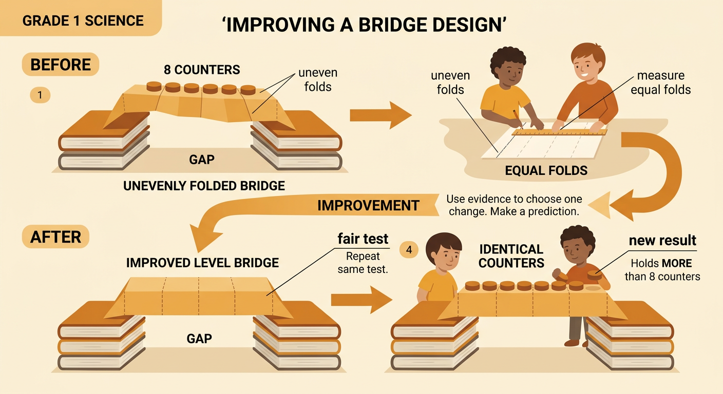 A child measures uneven folds, marks equal folds, and compares the first result with the improved bridge’s new result.