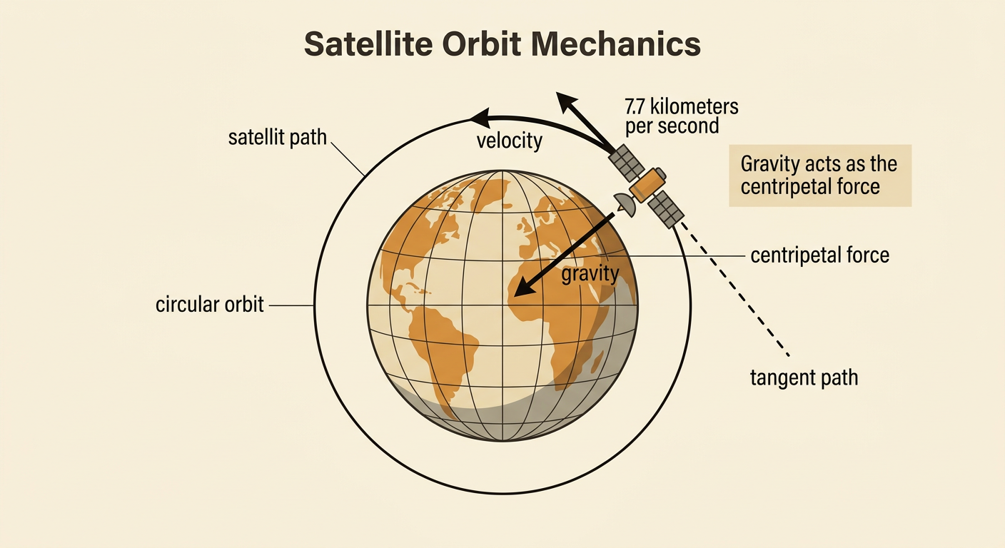 A satellite follows a circular orbit with a tangent velocity arrow and an inward gravity arrow.