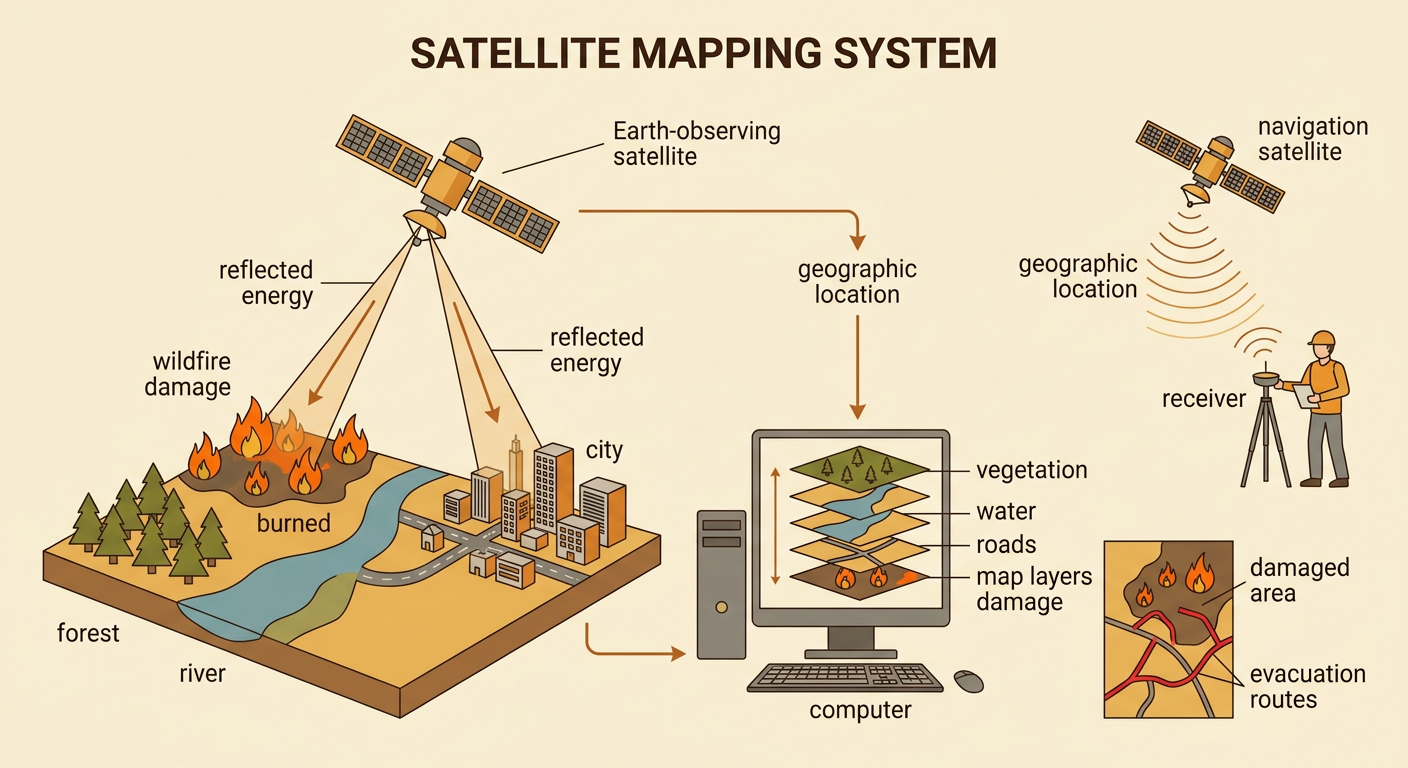 An Earth-observing satellite scans the ground as measurements become location-based map layers for wildfire planning.