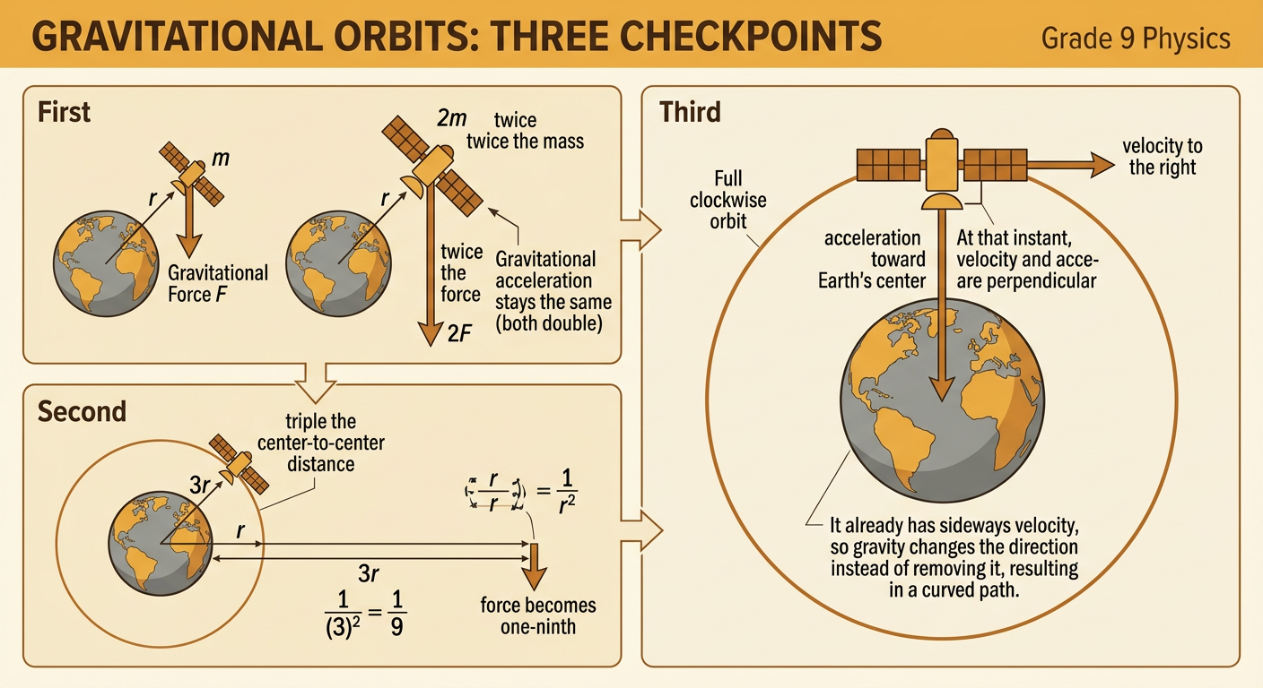 At the top of a clockwise orbit, a satellite has a rightward velocity arrow and a downward acceleration arrow toward Earth.