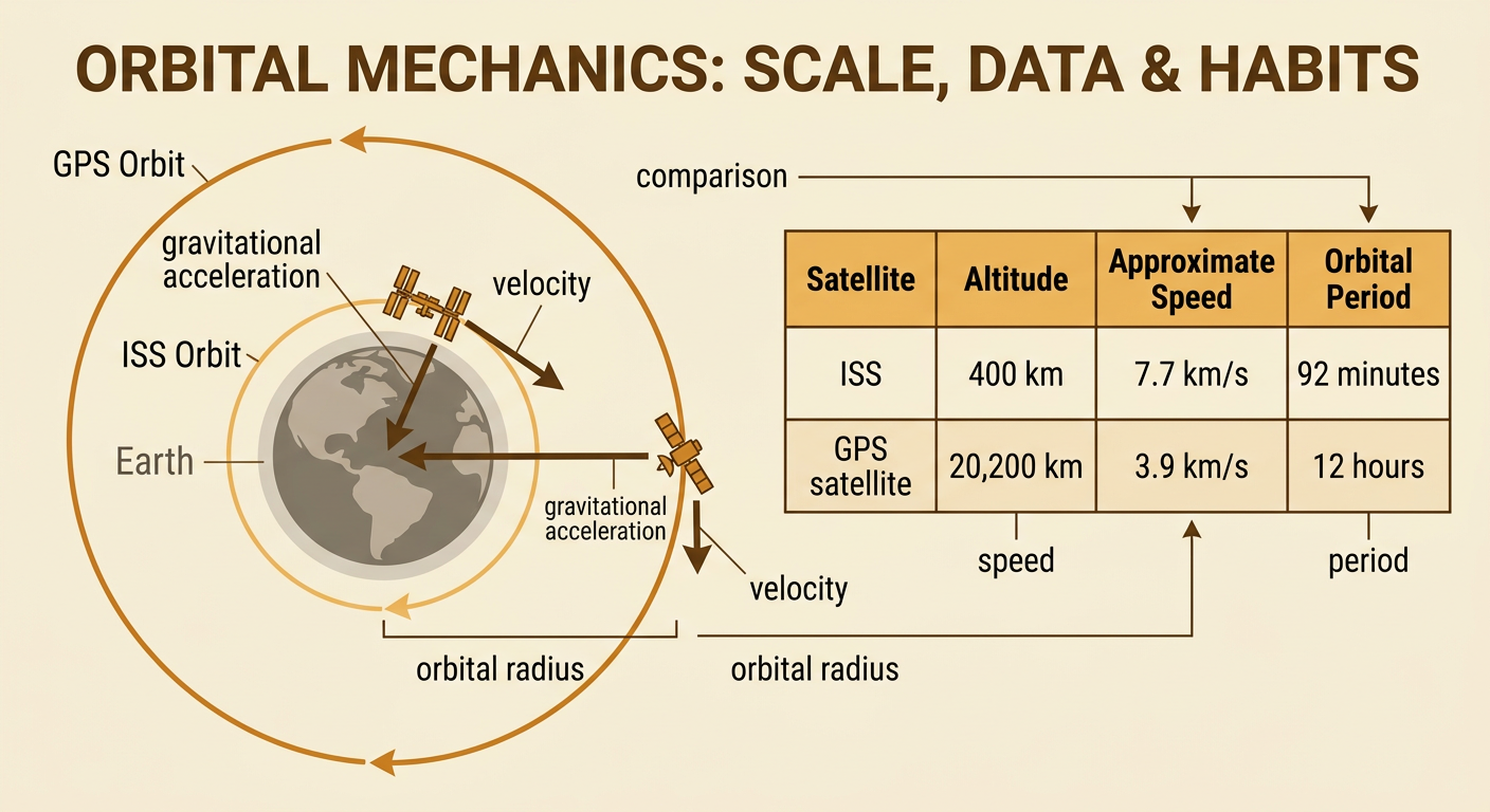 An orbital diagram with velocity and acceleration arrows appears beside a table comparing the ISS and a GPS satellite.