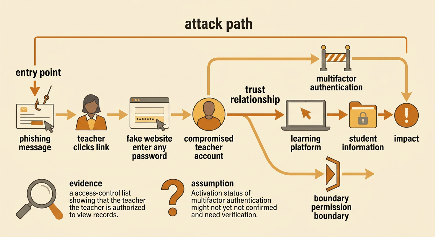 A phishing attack path runs from a fake message through a stolen teacher account to student information, with evidence and assumptions marked.