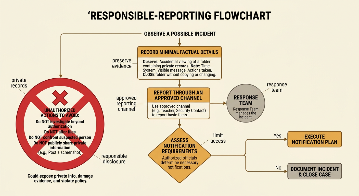 A student closes an exposed private-records folder and reports it through the approved channel to an authorized response team.