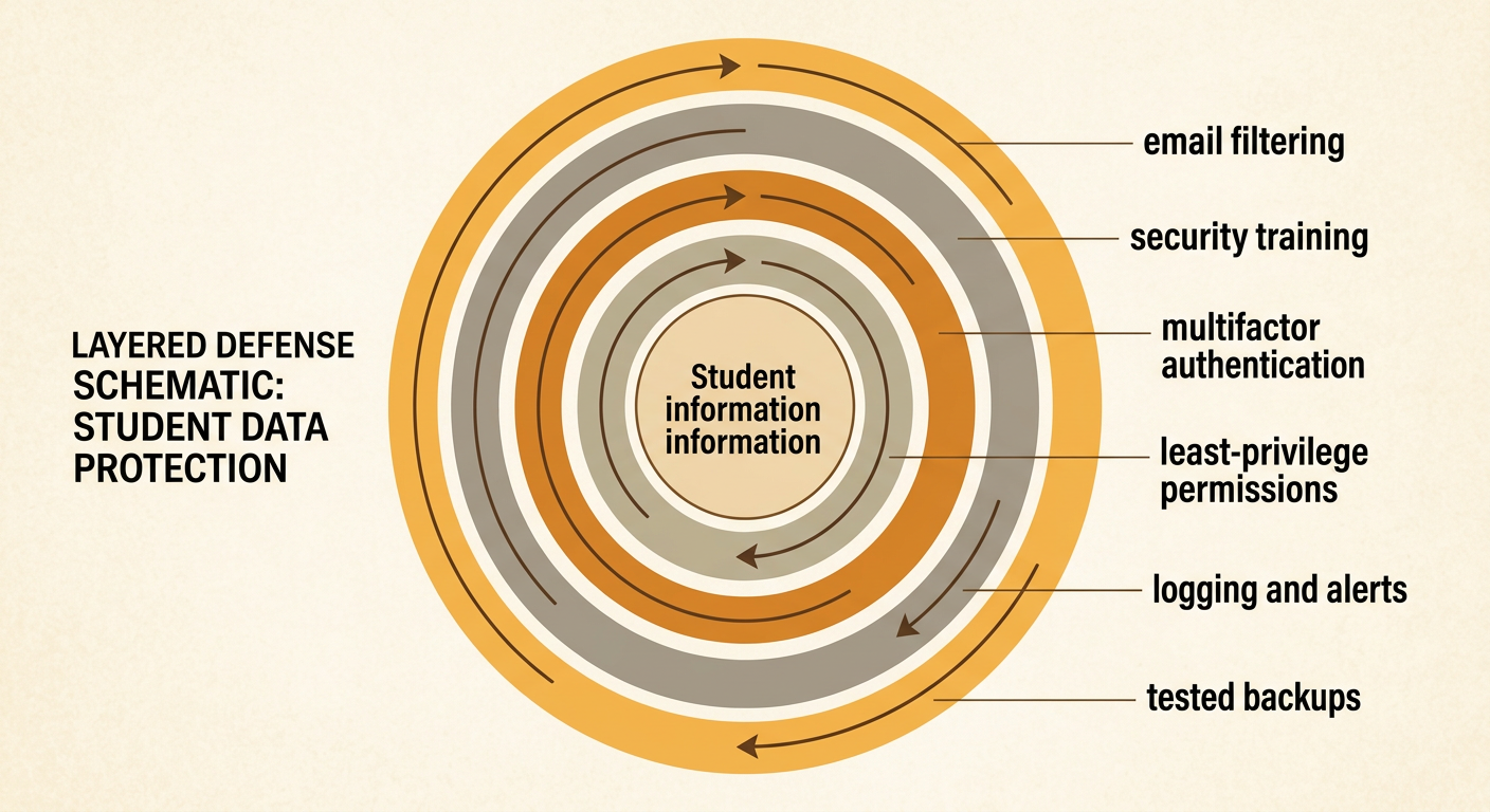 Concentric security layers protect a school account and student database along a phishing attack path.