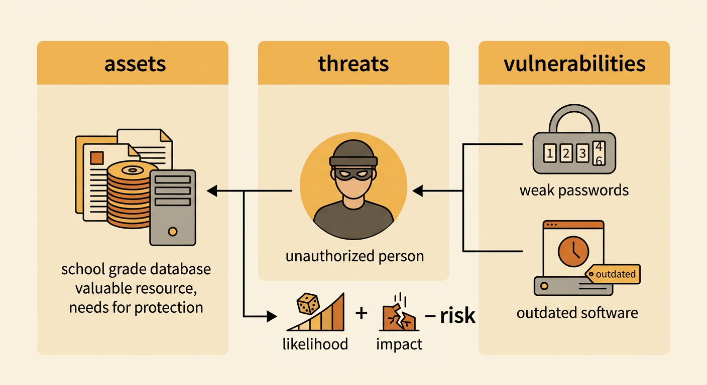 A school network diagram shows threats reaching assets through vulnerabilities, with risk represented by likelihood and impact.