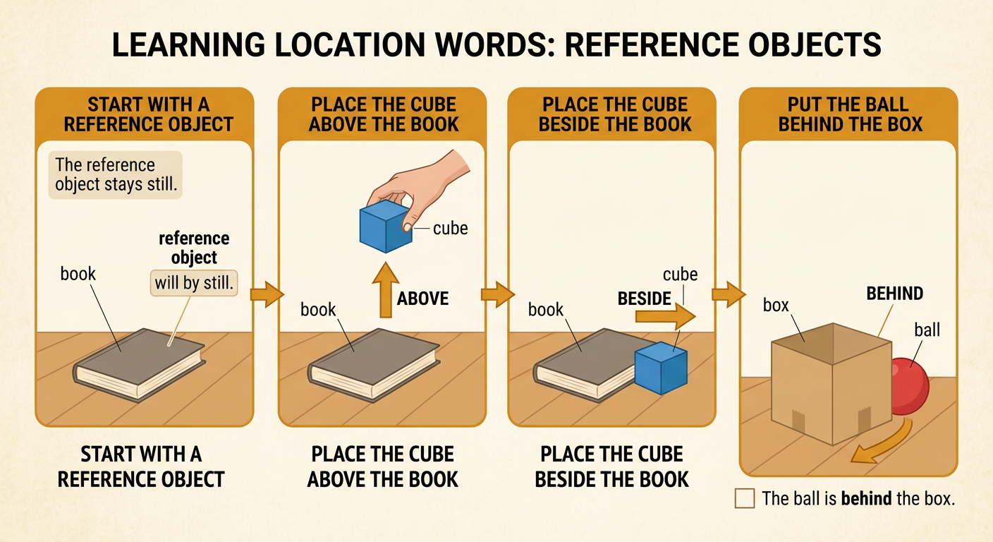 A book stays on the floor near a cube, while a ball is placed at the back of a box.