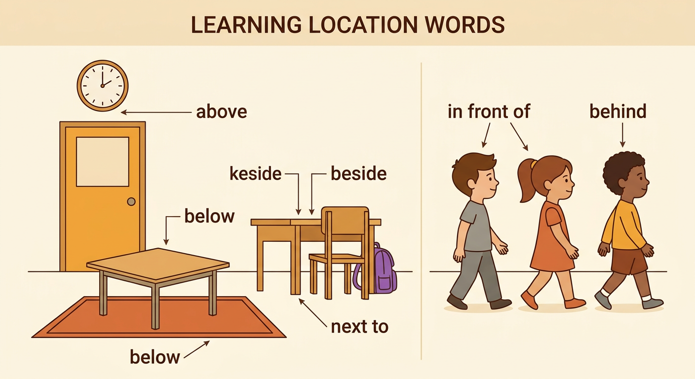 A classroom shows a clock over a door, a rug under a table, a chair by a desk, and two children standing in a line.