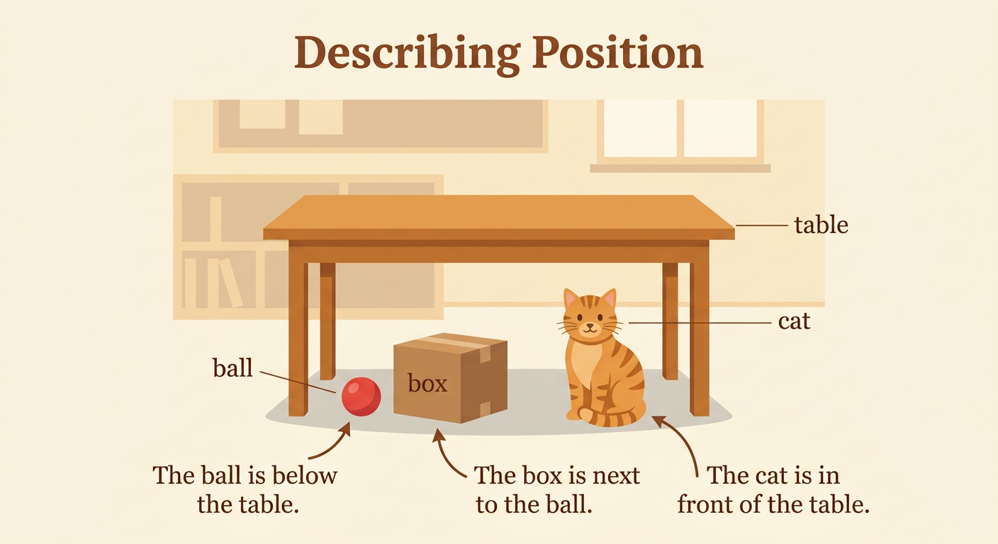 A cat sits before a table with a ball underneath and a box beside the ball.