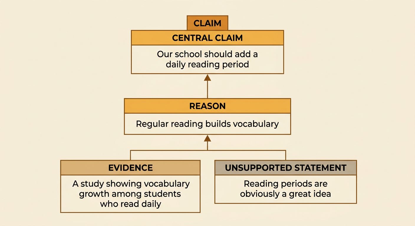 A table-shaped argument diagram shows a daily reading period claim supported by a vocabulary reason and a study, beside an unsupported opinion.