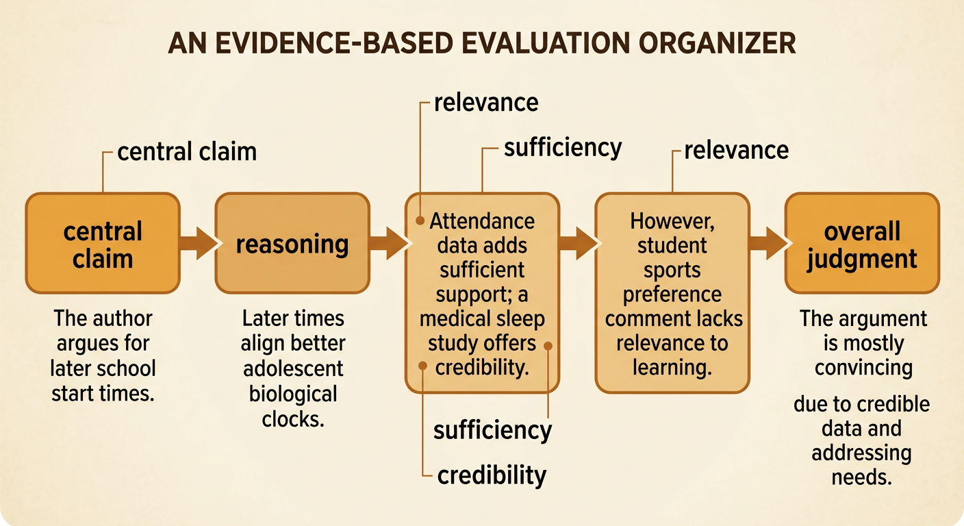 A writing organizer moves from the author's position through four evaluation criteria to a final judgment.