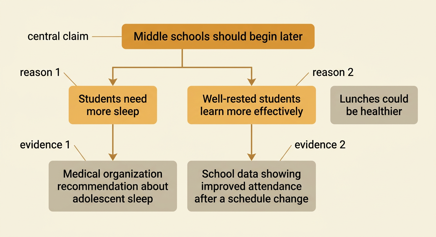 An argument map connects a later-school-start position to two reasons and two matching pieces of support.