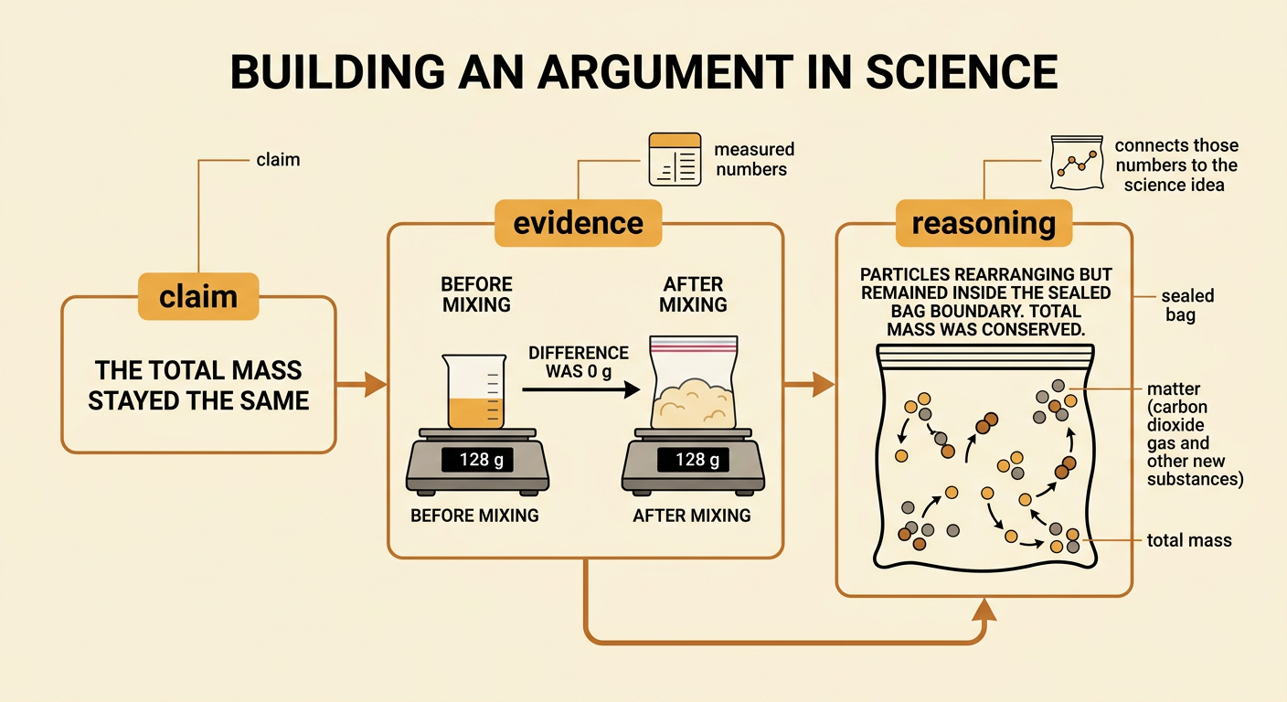 A three-part science argument connects the claim to measured evidence and reasoning about matter remaining in the sealed bag.