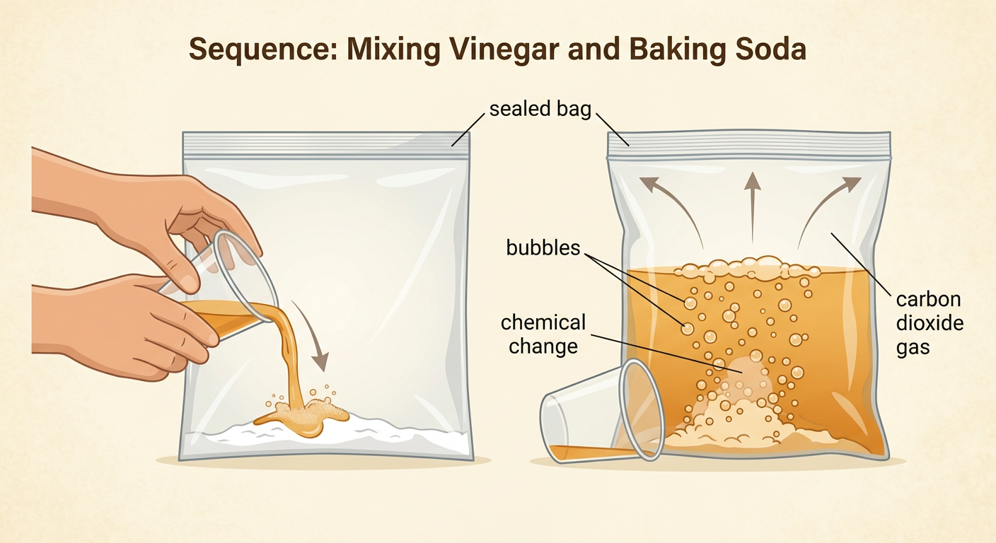 Inside the closed bag, vinegar and baking soda fizz as bubbles of carbon dioxide gas inflate the bag during a chemical change.