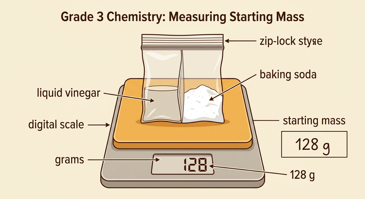 The complete sealed bag rests on a digital scale displaying a starting mass of 128 grams while the two materials remain separate.