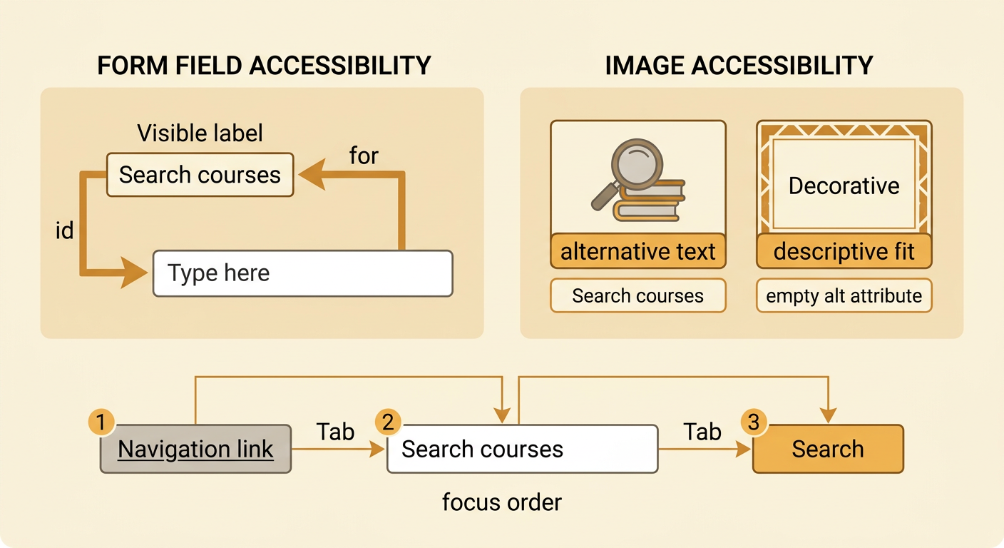 A course search form shows a connected Search courses label, alternative text guidance, and a logical focus order.