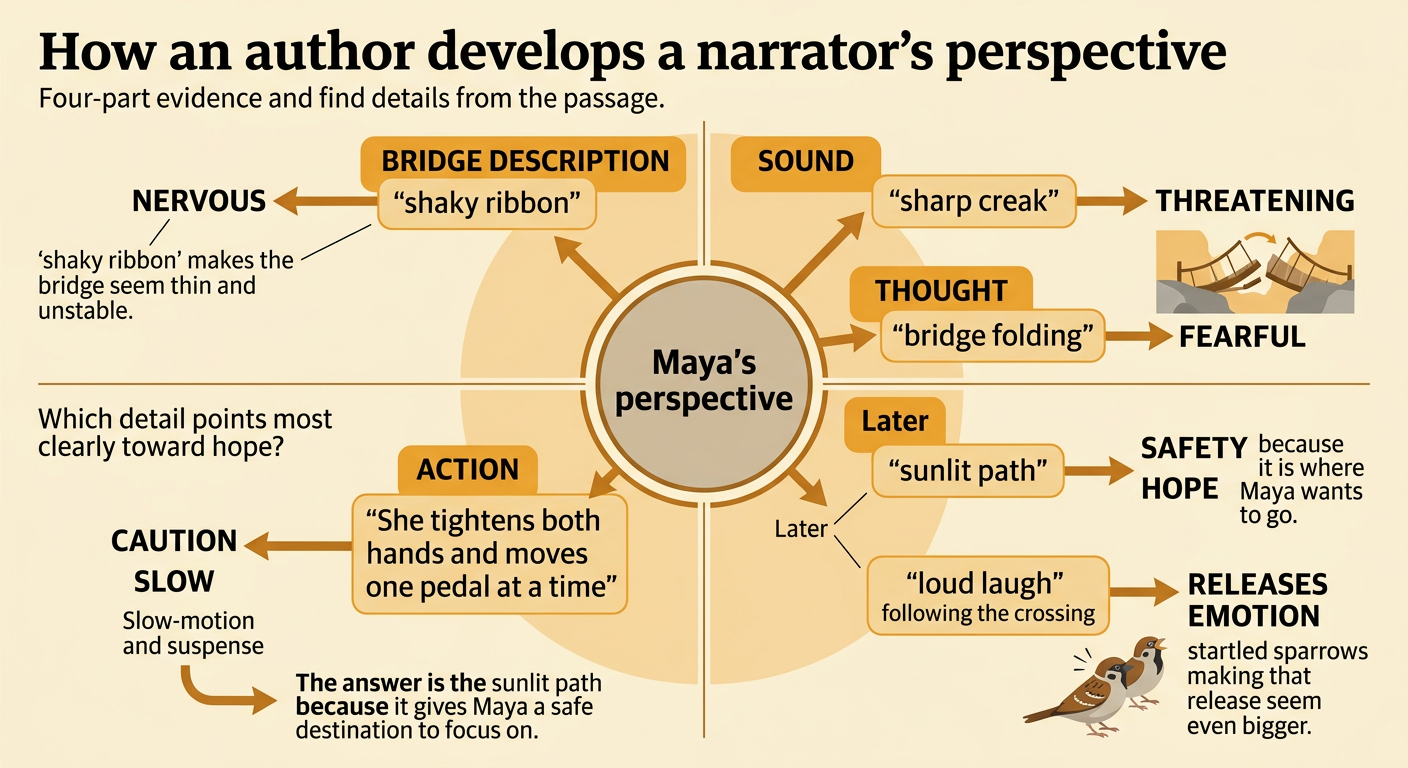 The bridge-crossing scene highlights the sounds, comparisons, destination, and reaction that reveal Maya’s emotions.