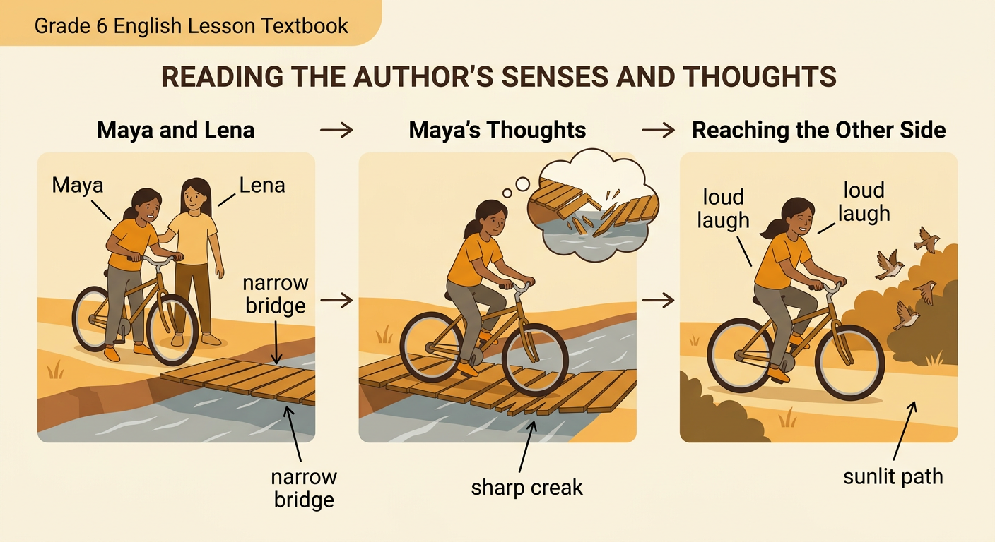 Maya cautiously rides across a narrow wooden bridge while Lena encourages her and a sunlit path waits on the far side.