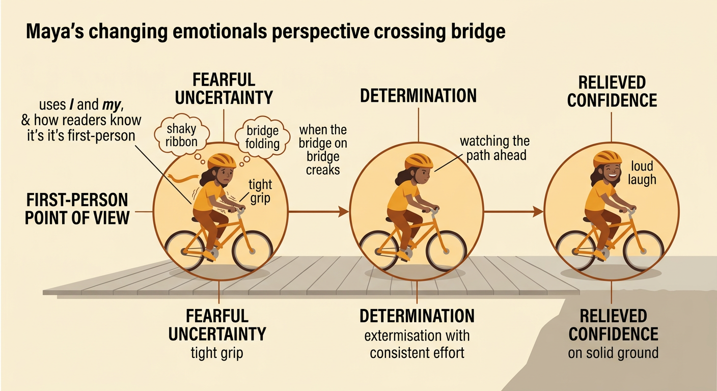 A beginning-to-end sequence shows Maya changing from a tense rider before the bridge to a proud rider after crossing it.