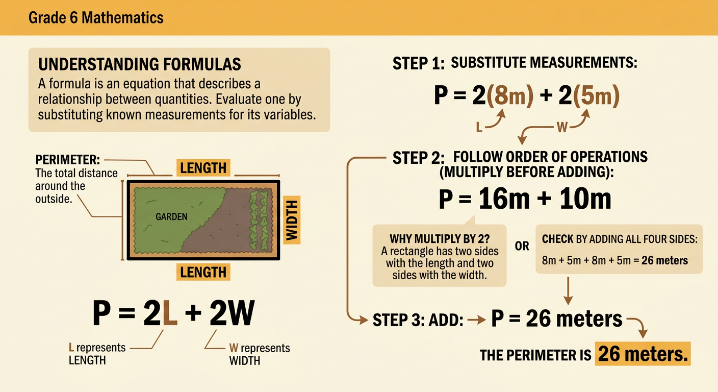 A rectangular garden diagram shows its dimensions and a perimeter calculation of 26 meters.