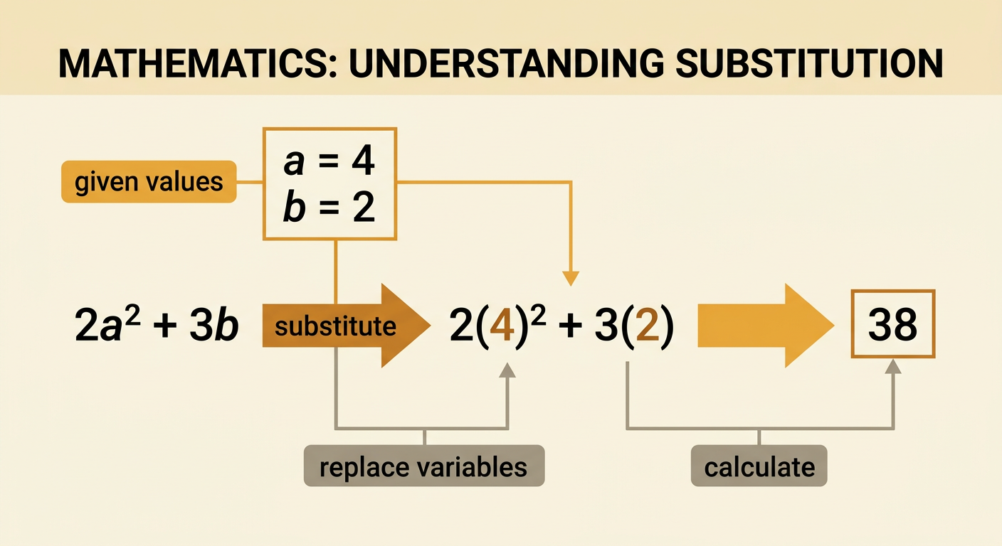 Substitution replaces each variable with its given value before the expression is evaluated.
