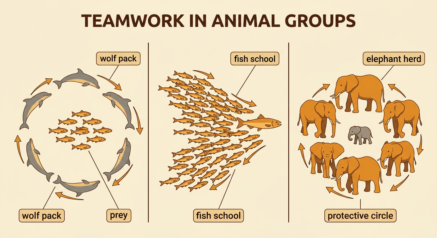 A wolf pack chases prey, dolphins surround fish, elephants circle calves, and a fish school confuses a predator in one illustrated comparison.