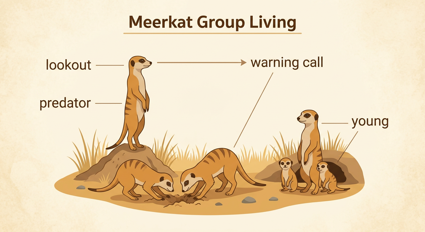 A meerkat lookout watches for a predator while other meerkats search for insects near a burrow.