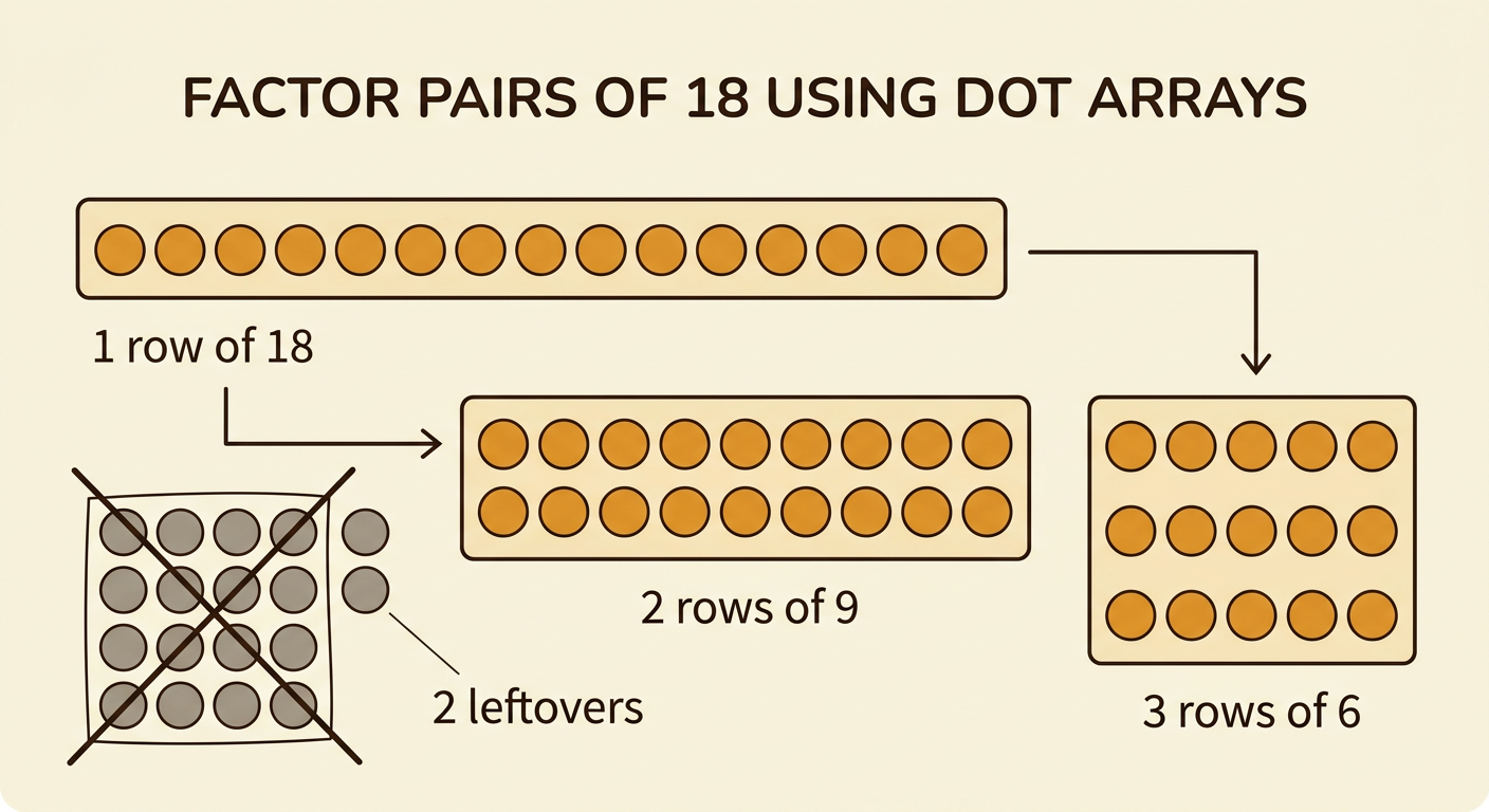 A counter diagram shows the working rectangular arrays for 18 beside an unsuccessful four-row arrangement with leftovers.
