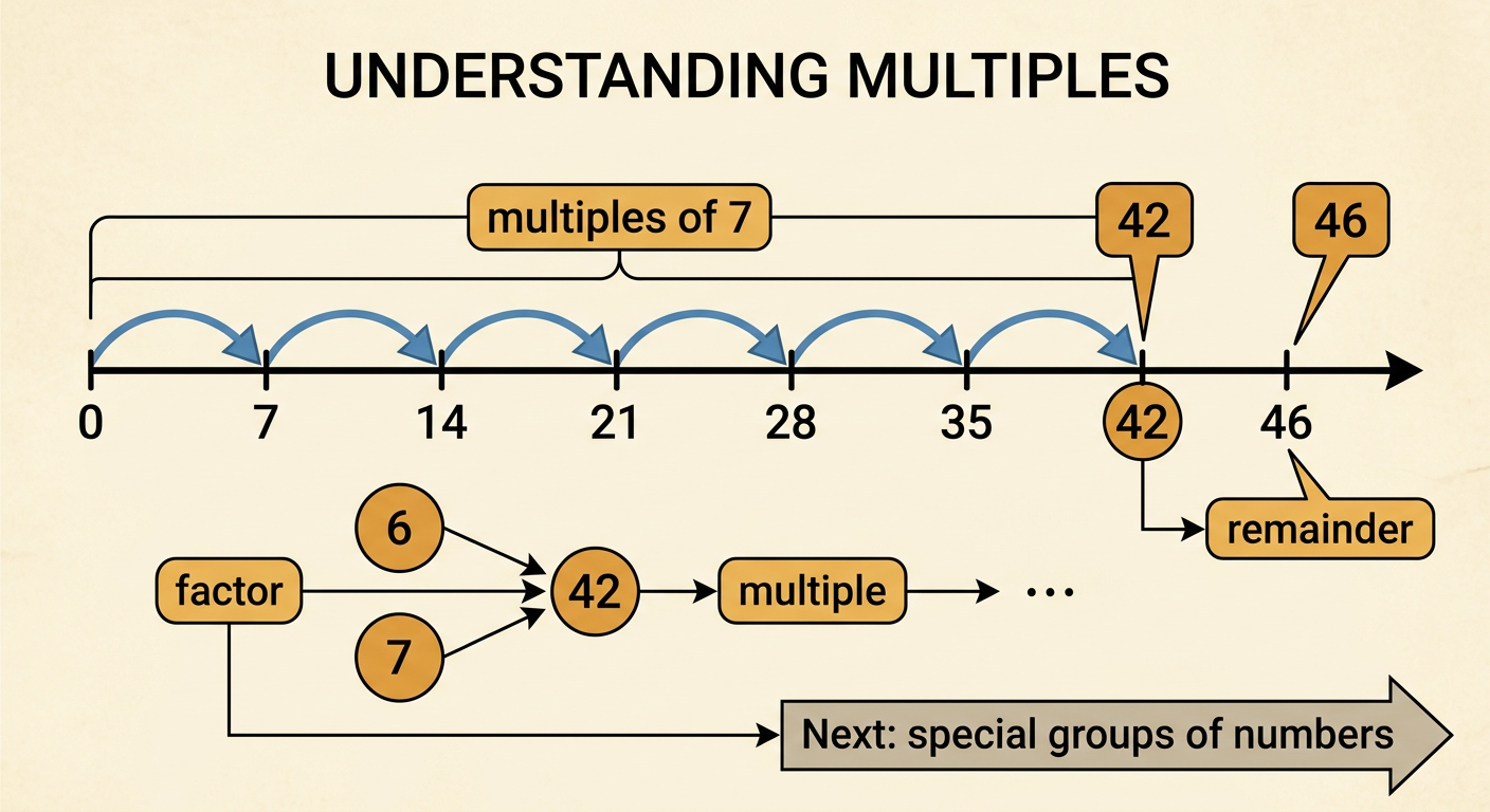 A number line marks equal jumps of seven through 42 and contrasts 42 with 46.