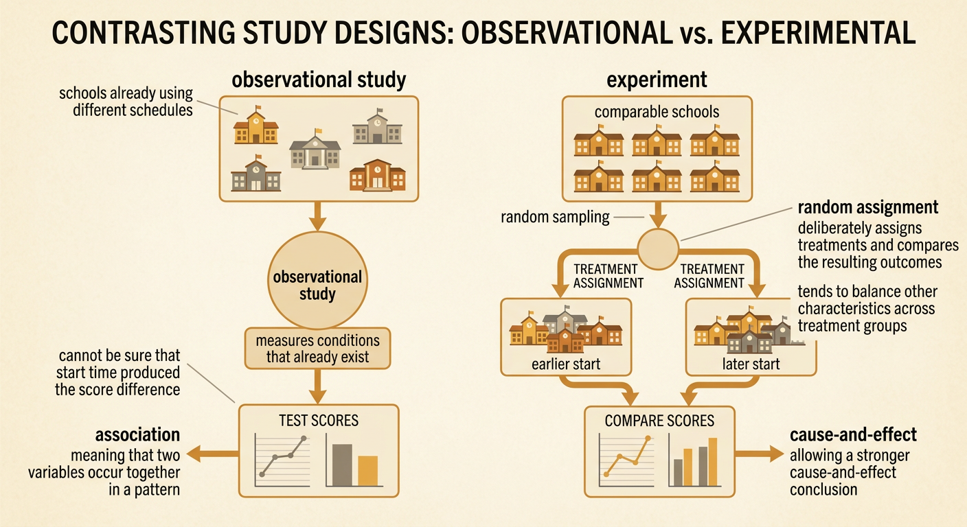 A split design diagram contrasts observing existing school schedules with randomly assigning schools to earlier or later starts.