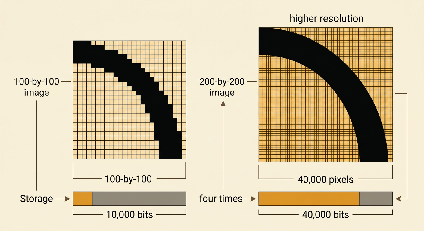 Two versions of the same curved symbol compare a blocky 100-by-100 image with a smoother 200-by-200 image and fourfold storage.