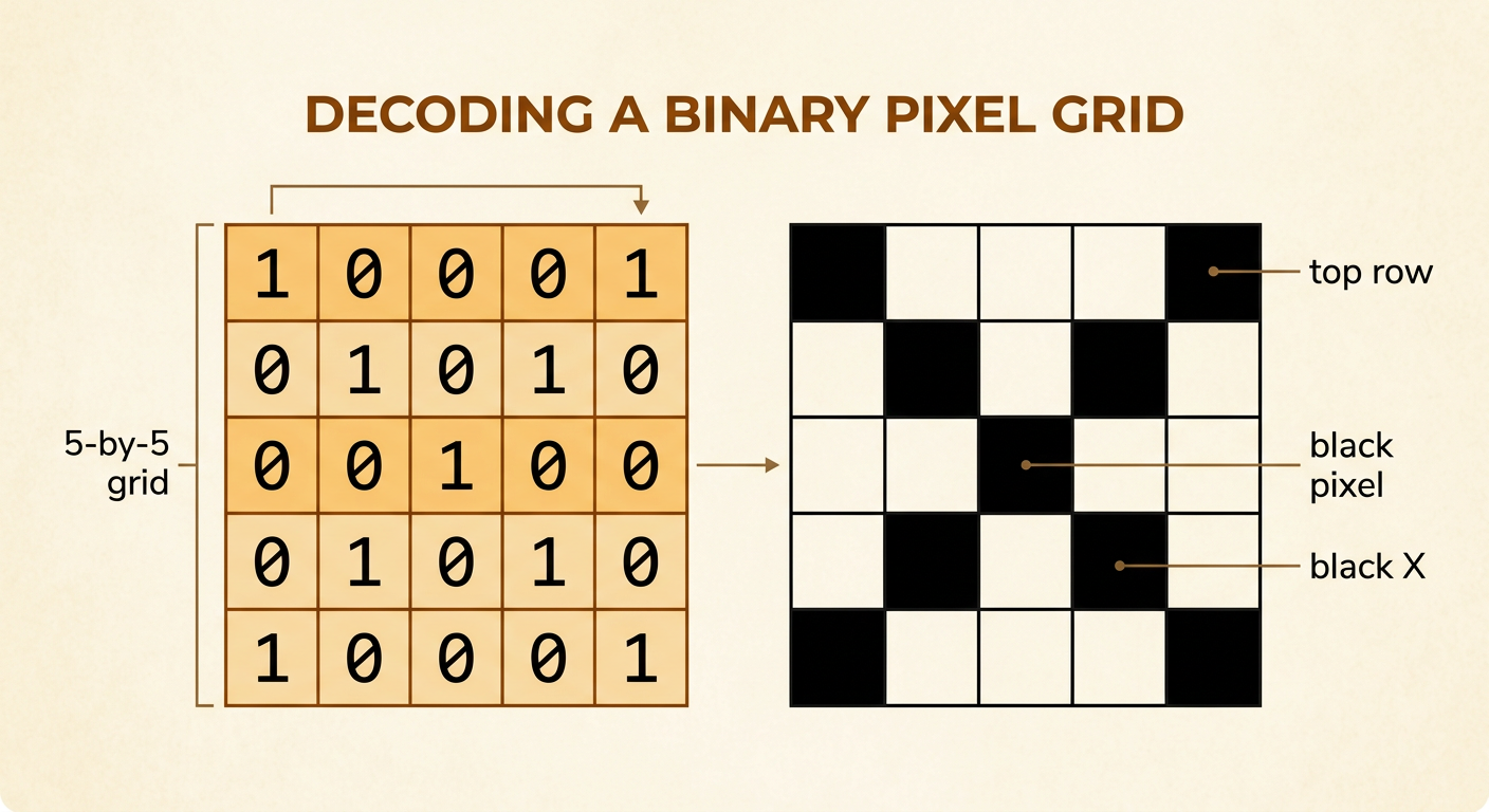 A five-row binary list maps step by step onto a 5-by-5 white grid containing a black X.