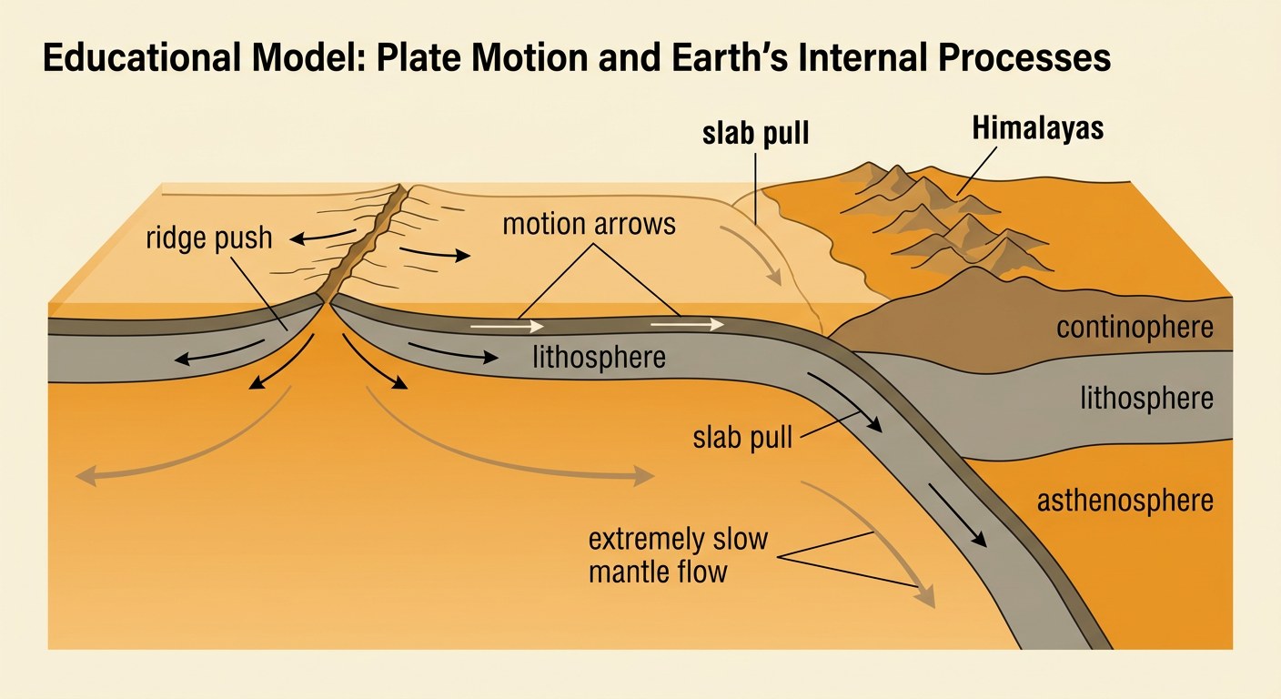 A cutaway Earth model shows ridge push, slab pull, slow mantle movement, and surface features.