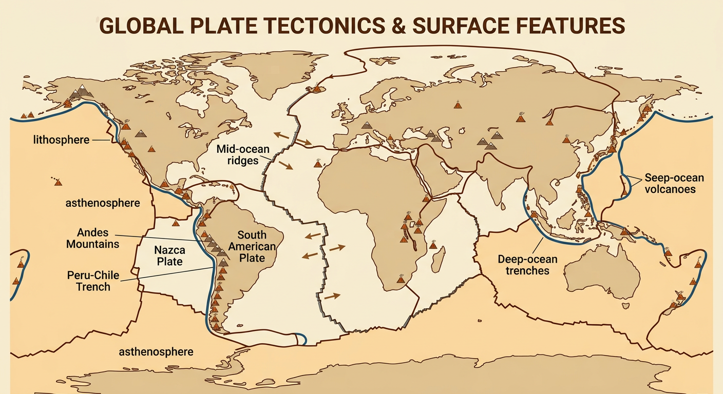 A world map shows connected tectonic features and a close-up of the parallel Andes and Peru-Chile Trench.