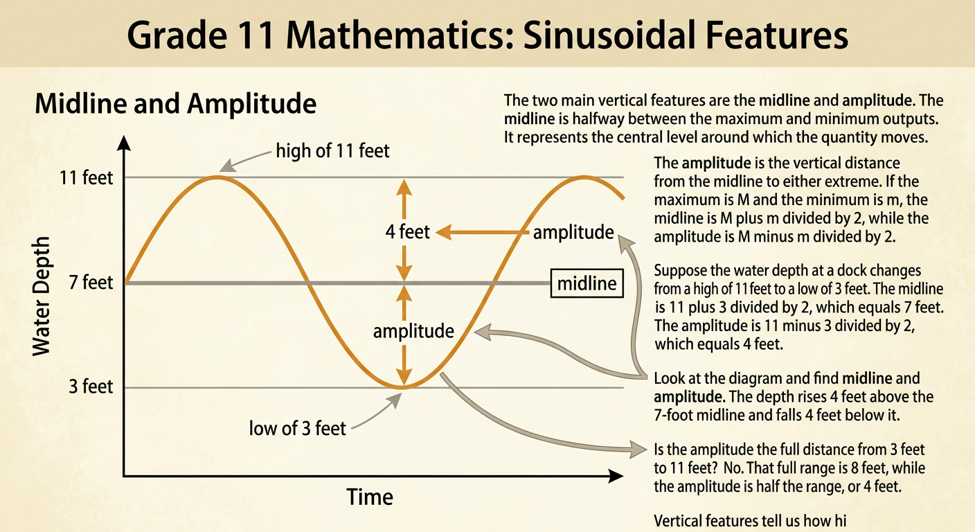 A tide graph marks the high and low water depths, the central midline, and the vertical amplitude.