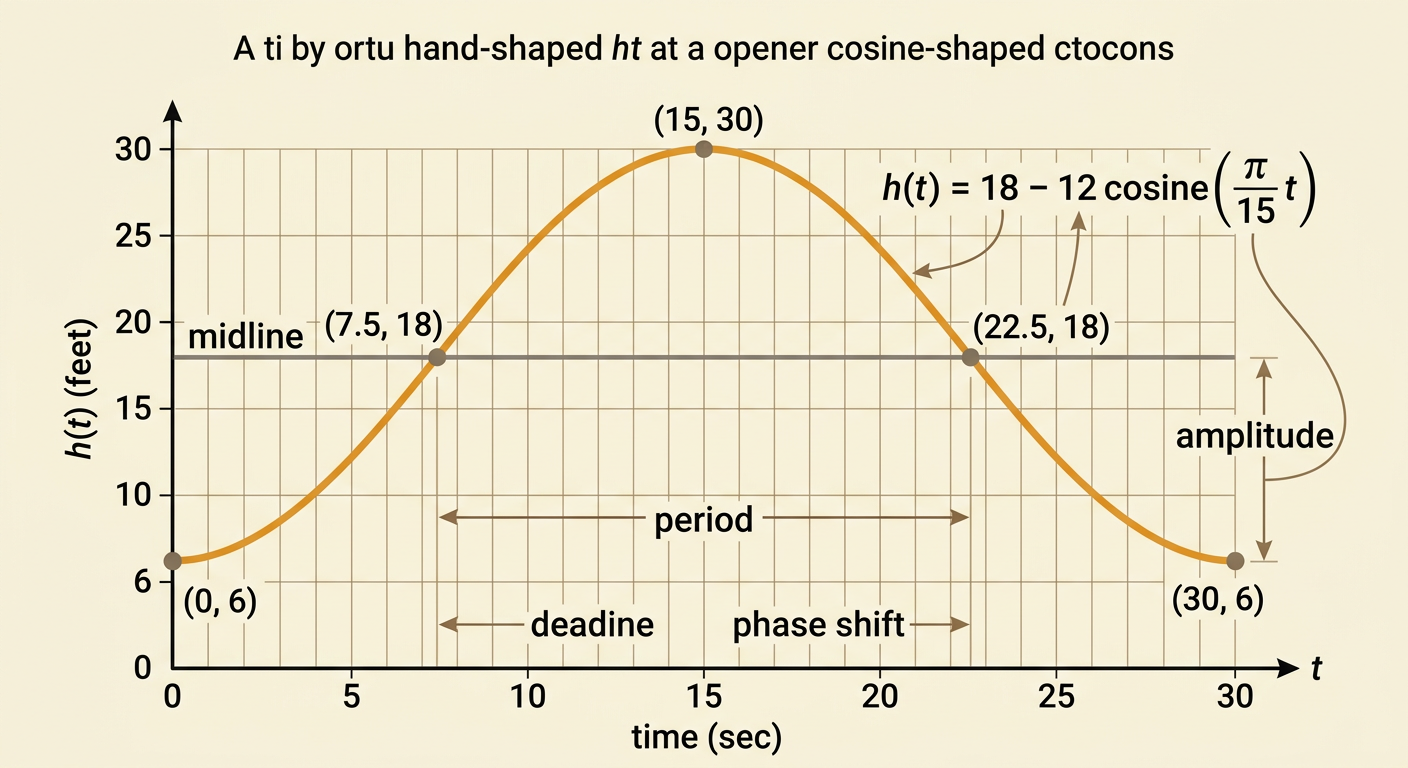 A Ferris wheel diagram and cosine graph show a rider starting at 6 feet and reaching 30 feet after 15 seconds.