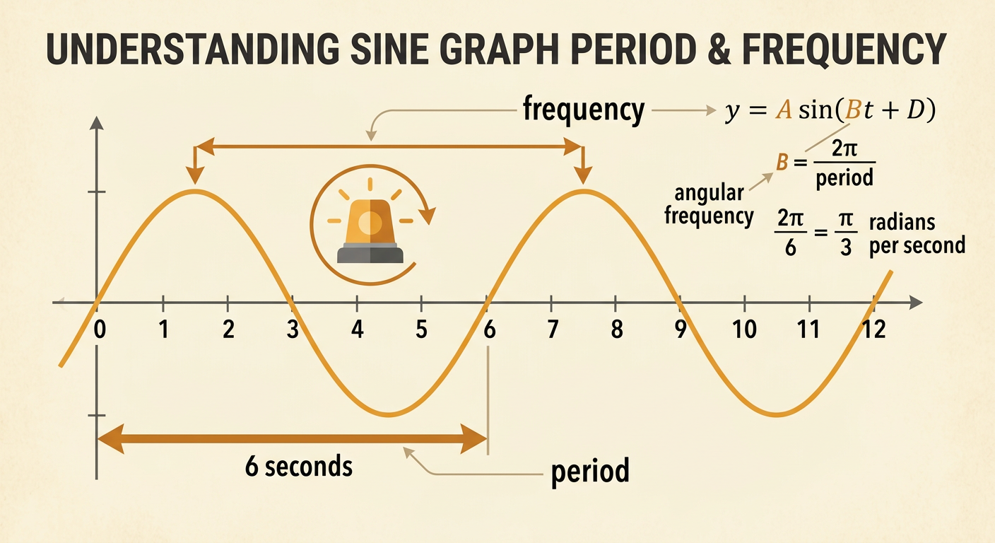 A rotating beacon graph displays one complete six-second cycle with its period, frequency, and angular frequency.