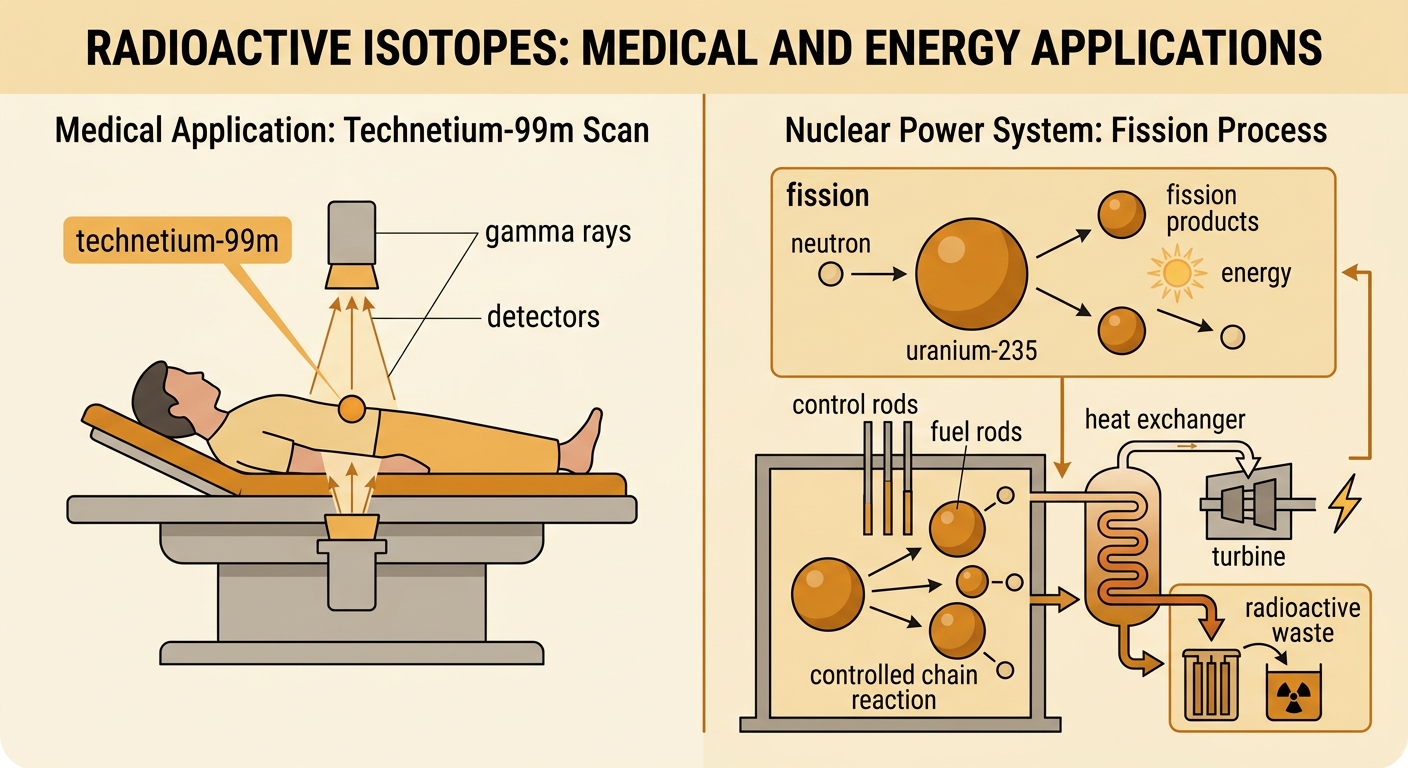 A split illustration shows technetium-99m medical imaging beside a controlled uranium-235 fission reactor producing electricity.