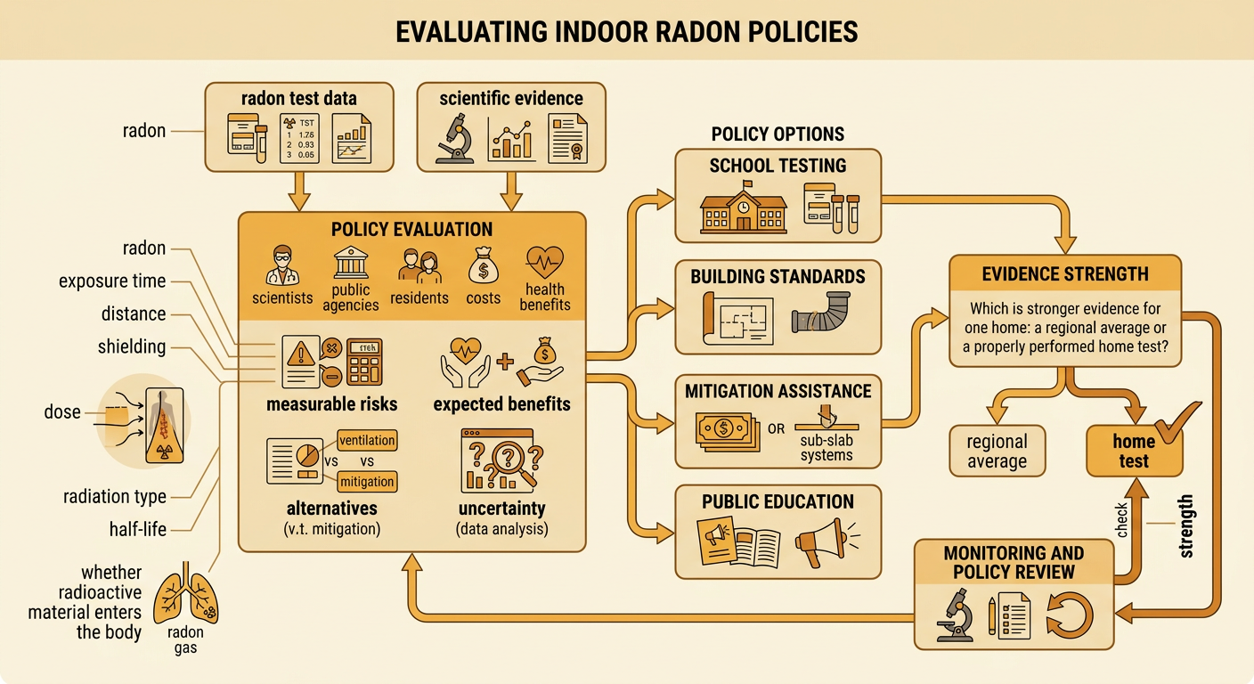 A cutaway home diagram shows radon entering from soil while residents test levels and compare exposure controls and policy evidence.