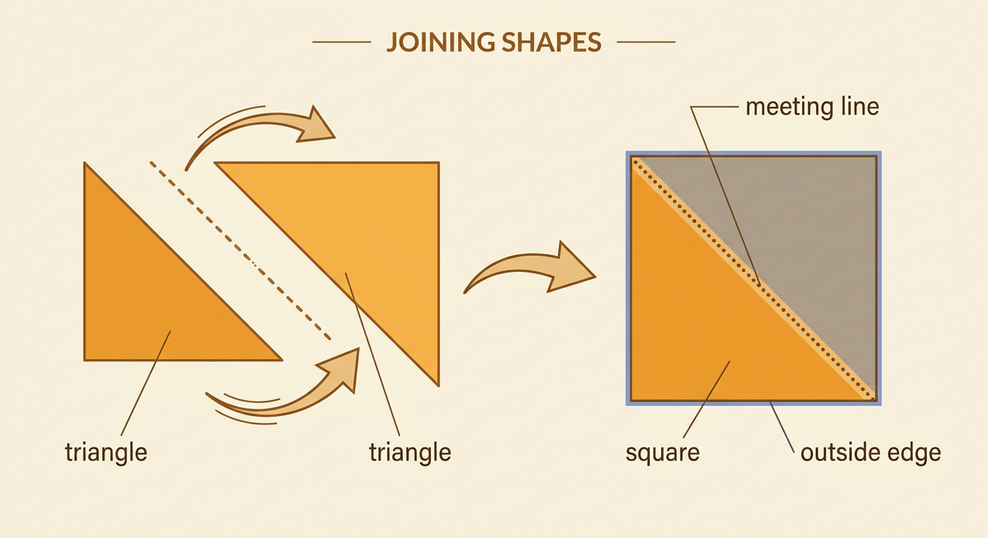 Two matching triangles touch along one full side to form a square with a visible meeting line.