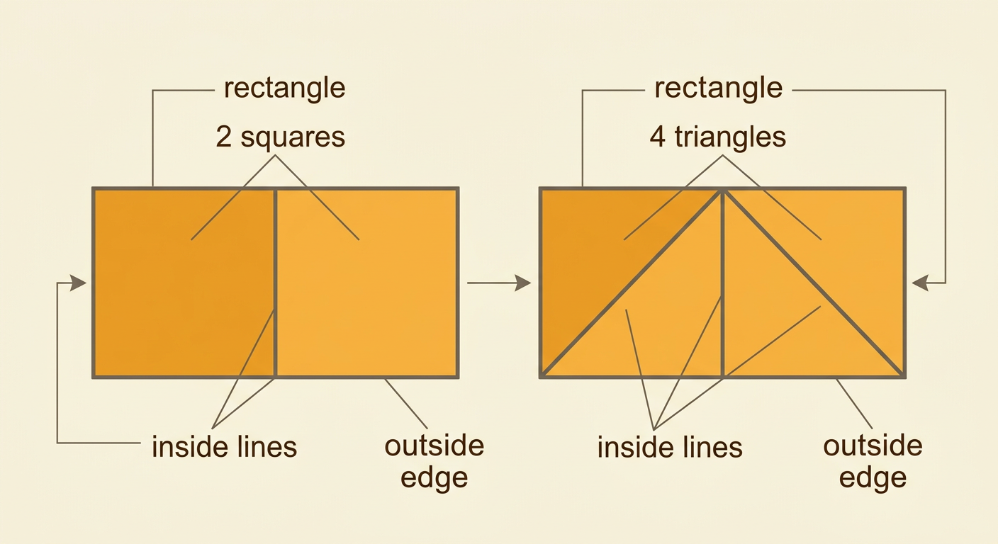 Two equal rectangles are shown side by side, one divided into two squares and one divided into four triangles.