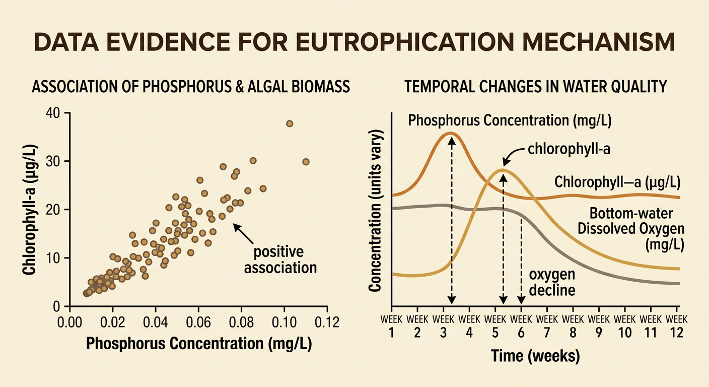A scientific data display pairs a phosphorus and chlorophyll-a scatterplot with a time-series graph showing a delayed oxygen decline.