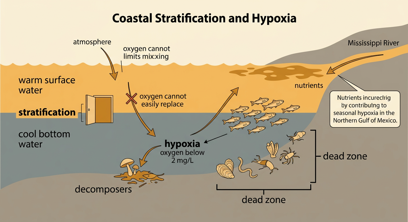 A stratified coastal water column shows warm surface water above hypoxic cool bottom water where animals lose habitat.