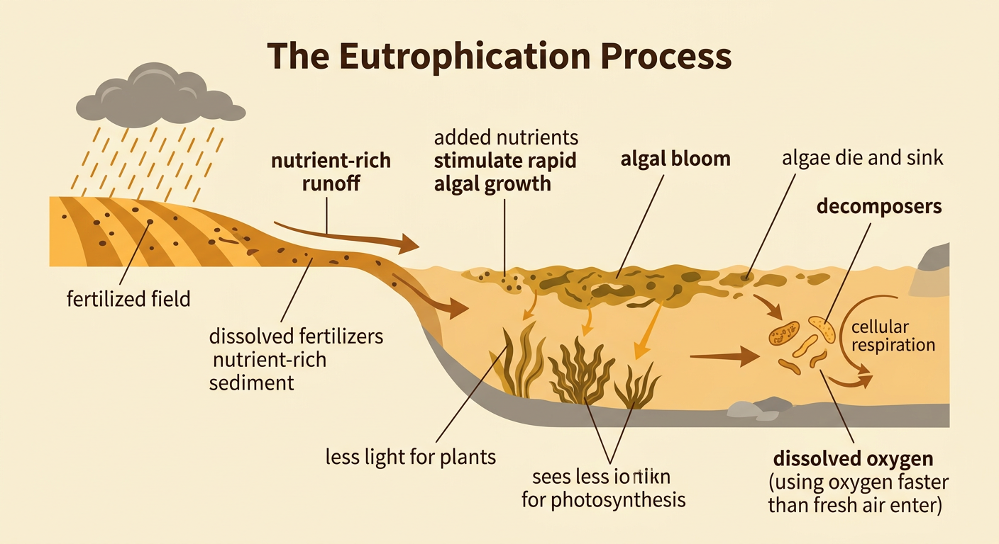 A reservoir cross-section shows nutrient-rich runoff feeding an algal bloom while decomposers consume dissolved oxygen below.
